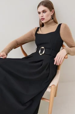 Hot Sale 👏 Karen Millen Structured Crepe Belted Pleat Midi 👗 Dress 🧨 -Dresses Sales Store bkk07133 black xl 5