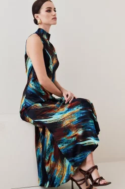 Best Pirce 🤩 Karen Millen Petite Marble Viscose Satin High Neck Maxi 👗 Dress 🥰 -Dresses Sales Store bkk07141 multi xl 2