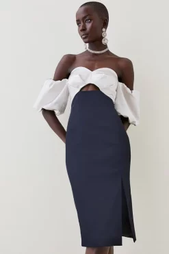 Outlet 👏 Karen Millen Italian Structured Satin Bardot Pencil Midi 👗 Dress 😍