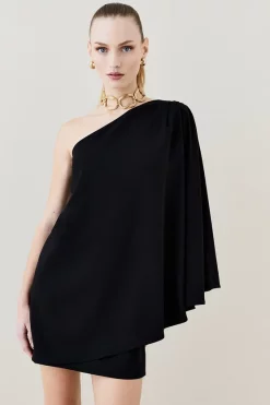 New 👏 Karen Millen Compact Viscose One Shoulder Cape Mini 👗 Dress ⌛