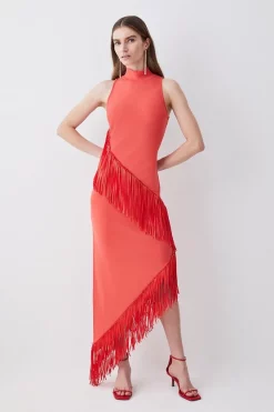 Promo 🔥 Karen Millen Fringe Hem Asymmetric Knit Midi 👗 Dress ✔️