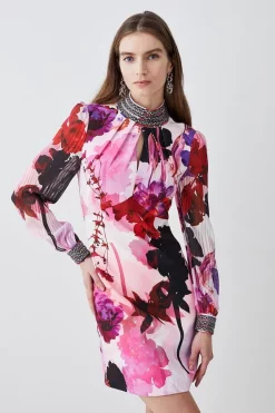 Hot Sale 🔥 Karen Millen Diamante Trim Floral Woven Mini 👗 Dress 🧨