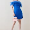 Cheap 👍 Karen Millen Boucle Feather Bardot Mini 👗 Dress ✔️ -Dresses Sales Store bkk07490 cobalt xl