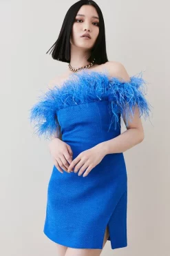Cheap 👍 Karen Millen Boucle Feather Bardot Mini 👗 Dress ✔️ -Dresses Sales Store bkk07490 cobalt xl 2
