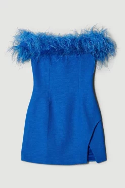 Cheap 👍 Karen Millen Boucle Feather Bardot Mini 👗 Dress ✔️ -Dresses Sales Store bkk07490 cobalt xl 3