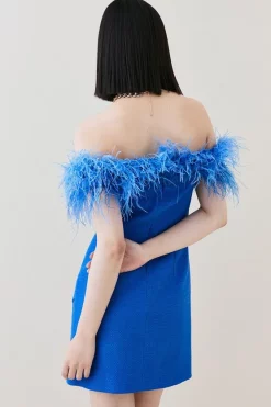 Cheap 👍 Karen Millen Boucle Feather Bardot Mini 👗 Dress ✔️ -Dresses Sales Store bkk07490 cobalt xl 4
