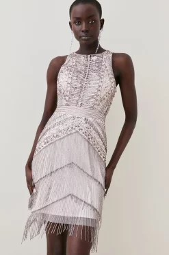 New 🥰 Karen Millen Embellished Halter Fringed Mini 👗 Dress 🎁