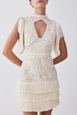 Flash Sale 🎁 Karen Millen Petite Cornelli Embellished Fringed Woven 👗 Dress 🎁 -Dresses Sales Store bkk07575 ivory xl 4
