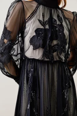New ⌛ Karen Millen Lydia Millen Floral Applique Mesh Woven Midi 👗 Dress ❤️ -Dresses Sales Store bkk07616 mono xl 2