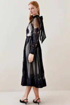 New ⌛ Karen Millen Lydia Millen Floral Applique Mesh Woven Midi 👗 Dress ❤️ -Dresses Sales Store bkk07616 mono xl 4
