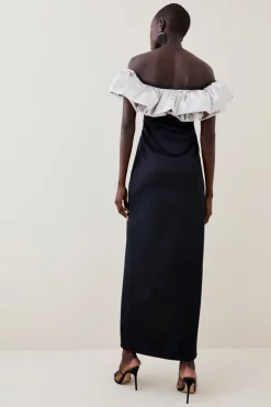 Best Sale 👏 Karen Millen Italian Structured Satin Ruffle Bardot Maxi 👗 Dress 😉 -Dresses Sales Store bkk07635 mono xl 2