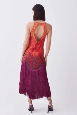 Buy 🤩 Karen Millen Petite Ombre Fringe Strappy Beaded Maxi 👗 Dress 🌟 -Dresses Sales Store bkk07680 orange xl 2
