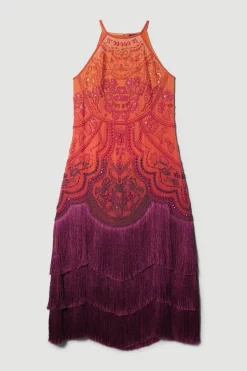 Buy 🤩 Karen Millen Petite Ombre Fringe Strappy Beaded Maxi 👗 Dress 🌟 -Dresses Sales Store bkk07680 orange xl 3