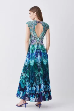 Best Sale ⭐ Karen Millen Metallic Guipure Lace Mirrored Pleat Midi 👗 Dress 🥰 -Dresses Sales Store bkk07688 teal xl 2
