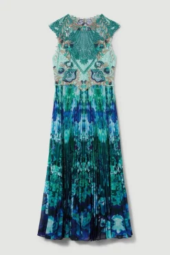 Best Sale ⭐ Karen Millen Metallic Guipure Lace Mirrored Pleat Midi 👗 Dress 🥰 -Dresses Sales Store bkk07688 teal xl 3