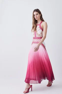 New 😀 Karen Millen Geo Guipure Metallic Woven Pleat Midi 🔔