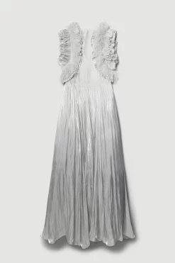 Flash Sale ✔️ Karen Millen Lydia Millen Tall Metallic Feather Ruffle Woven Maxi 👗 Dress 👍 -Dresses Sales Store bkk07710 metallic20silver xl 3