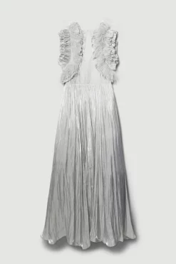 Coupon 🎁 Karen Millen Lydia Millen Petite Metallic Feather Ruffle Woven Maxi 👗 Dress 🎁 -Dresses Sales Store bkk07711 metallic20silver xl 3
