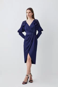 Best deal 🧨 Karen Millen Satin And Lace Ruffle Woven Midi 👗 Dress 😉