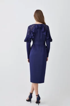Best deal 🧨 Karen Millen Satin And Lace Ruffle Woven Midi 👗 Dress 😉 -Dresses Sales Store bkk07718 blue xl 2