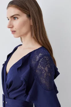 Best deal 🧨 Karen Millen Satin And Lace Ruffle Woven Midi 👗 Dress 😉 -Dresses Sales Store bkk07718 blue xl 4