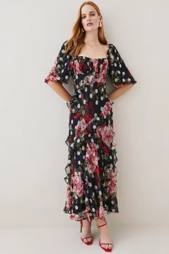 Coupon 🧨 Karen Millen Tall Spot Floral Chiffon Square Neck Ruffle Maxi 👗 Dress ✨