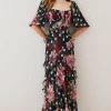 Flash Sale ❤️ Karen Millen Petite Spot Floral Chiffon Square Neck Ruffle Maxi 👗 Dress 👍 -Dresses Sales Store bkk07737 multi xl