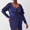 Buy 👍 Karen Millen Plus Size Satin And Lace Ruffle Woven Midi 👗 Dress 🔥 -Dresses Sales Store bkk07767 blue xl