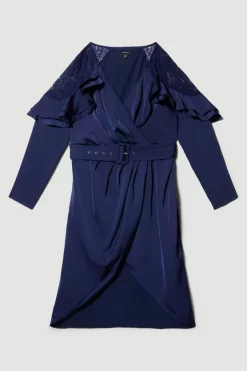 Buy 👍 Karen Millen Plus Size Satin And Lace Ruffle Woven Midi 👗 Dress 🔥 -Dresses Sales Store bkk07767 blue xl 3