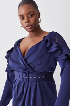 Buy 👍 Karen Millen Plus Size Satin And Lace Ruffle Woven Midi 👗 Dress 🔥 -Dresses Sales Store bkk07767 blue xl 4