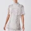 Top 10 👍 Karen Millen Petite Pearl Embellished Fringed Woven Mini 👗 Dress 🎉 -Dresses Sales Store bkk07885 ivory xl