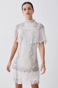 Top 10 👍 Karen Millen Petite Pearl Embellished Fringed Woven Mini 👗 Dress 🎉