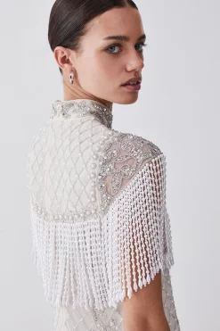 Top 10 👍 Karen Millen Petite Pearl Embellished Fringed Woven Mini 👗 Dress 🎉 -Dresses Sales Store bkk07885 ivory xl 4