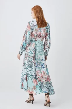 Discount ✔️ Karen Millen Mirrored Floral Satin Woven Midi 👗 Dress 🧨 -Dresses Sales Store bkk07966 sage xl 2