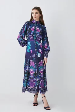 Best Sale 😉 Karen Millen Tall Boarder Floral Print Satin Woven Midi 👗 Dress 🧨 -Dresses Sales Store bkk07988 purple xl 4
