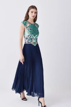 Promo ⭐ Karen Millen Petite Metallic Guipure Lace Pleated 👗 Skirt Midi 👗 Dress 🌟