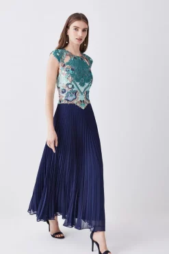 Best deal 🎁 Karen Millen Metallic Guipure Lace Pleated 👗 Skirt Midi 👗 Dress 🧨