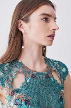 Best deal 🎁 Karen Millen Metallic Guipure Lace Pleated 👗 Skirt Midi 👗 Dress 🧨 -Dresses Sales Store bkk08022 ivory xl 4