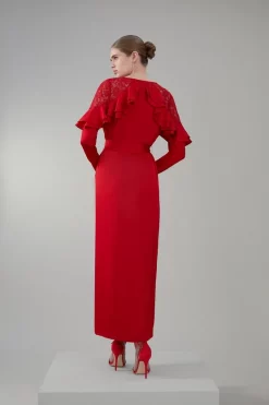 Buy ❤️ Karen Millen Satin And Lace Ruffle Woven Midaxi 👗 Dress 🎉 -Dresses Sales Store bkk08023 raspberry xl 2