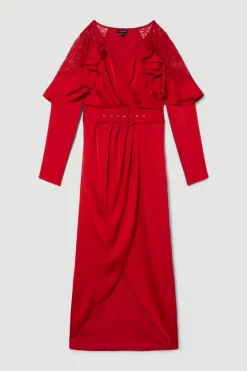 Buy ❤️ Karen Millen Satin And Lace Ruffle Woven Midaxi 👗 Dress 🎉 -Dresses Sales Store bkk08023 raspberry xl 3