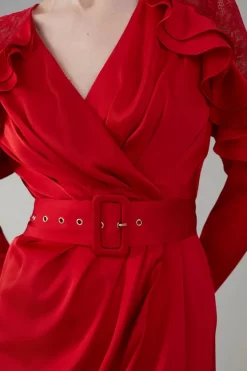 Buy ❤️ Karen Millen Satin And Lace Ruffle Woven Midaxi 👗 Dress 🎉 -Dresses Sales Store bkk08023 raspberry xl 4