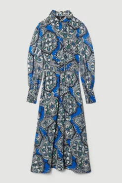 Discount ⌛ Karen Millen Tile Print Georgette Pleated Woven 👚 Shirt 👗 Dress ✨ -Dresses Sales Store bkk08062 blue xl 3