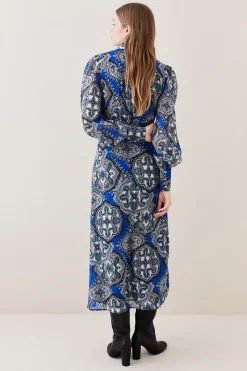 Discount ⌛ Karen Millen Tile Print Georgette Pleated Woven 👚 Shirt 👗 Dress ✨ -Dresses Sales Store bkk08062 blue xl 4