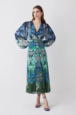 Discount ✔️ Karen Millen Tall Mirrored Ombre Floral Pleat Drama Woven Midi 👗 Dress 🔔
