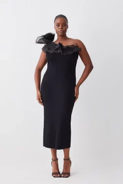 Coupon 🥰 Karen Millen Plus Size One Shoulder Organza Flower Detail Knit Midi 👗 Dress 🔔
