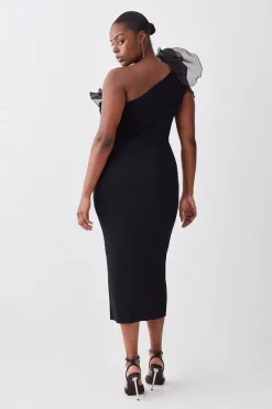 Coupon 🥰 Karen Millen Plus Size One Shoulder Organza Flower Detail Knit Midi 👗 Dress 🔔 -Dresses Sales Store bkk08080 black xl 2