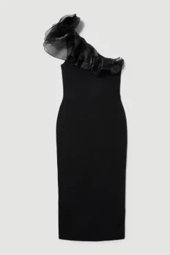 Coupon 🥰 Karen Millen Plus Size One Shoulder Organza Flower Detail Knit Midi 👗 Dress 🔔 -Dresses Sales Store bkk08080 black xl 3