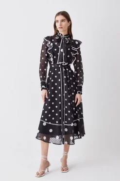 Best Sale π Karen Millen Mono Mixed Dot Piped Ruffle Georgette Midi π Dress π§¨
