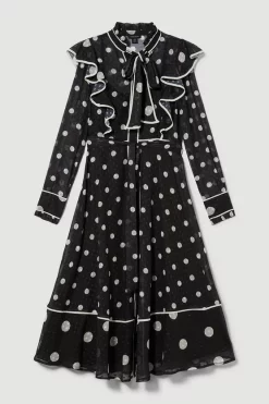 Best Sale 😍 Karen Millen Mono Mixed Dot Piped Ruffle Georgette Midi 👗 Dress 🧨 -Dresses Sales Store bkk08093 mono xl 3
