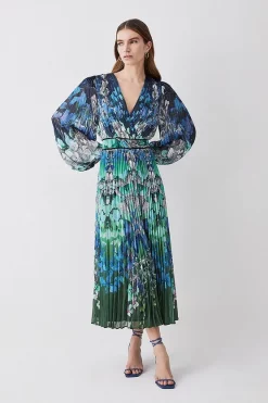 Best Sale 😍 Karen Millen Petite Mirrored Ombre Floral Pleat Drama Woven Midi 👗 Dress 🧨